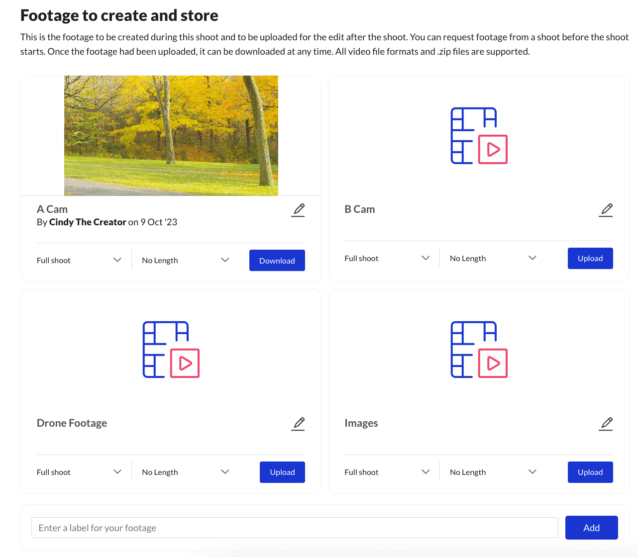 Navigate down the shoot page to the 'Footage to create and store' section